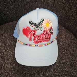 NWT Woman's Pretty Snapback Trucker Hat Cap Beads Heart Butterfly Blue Sequins